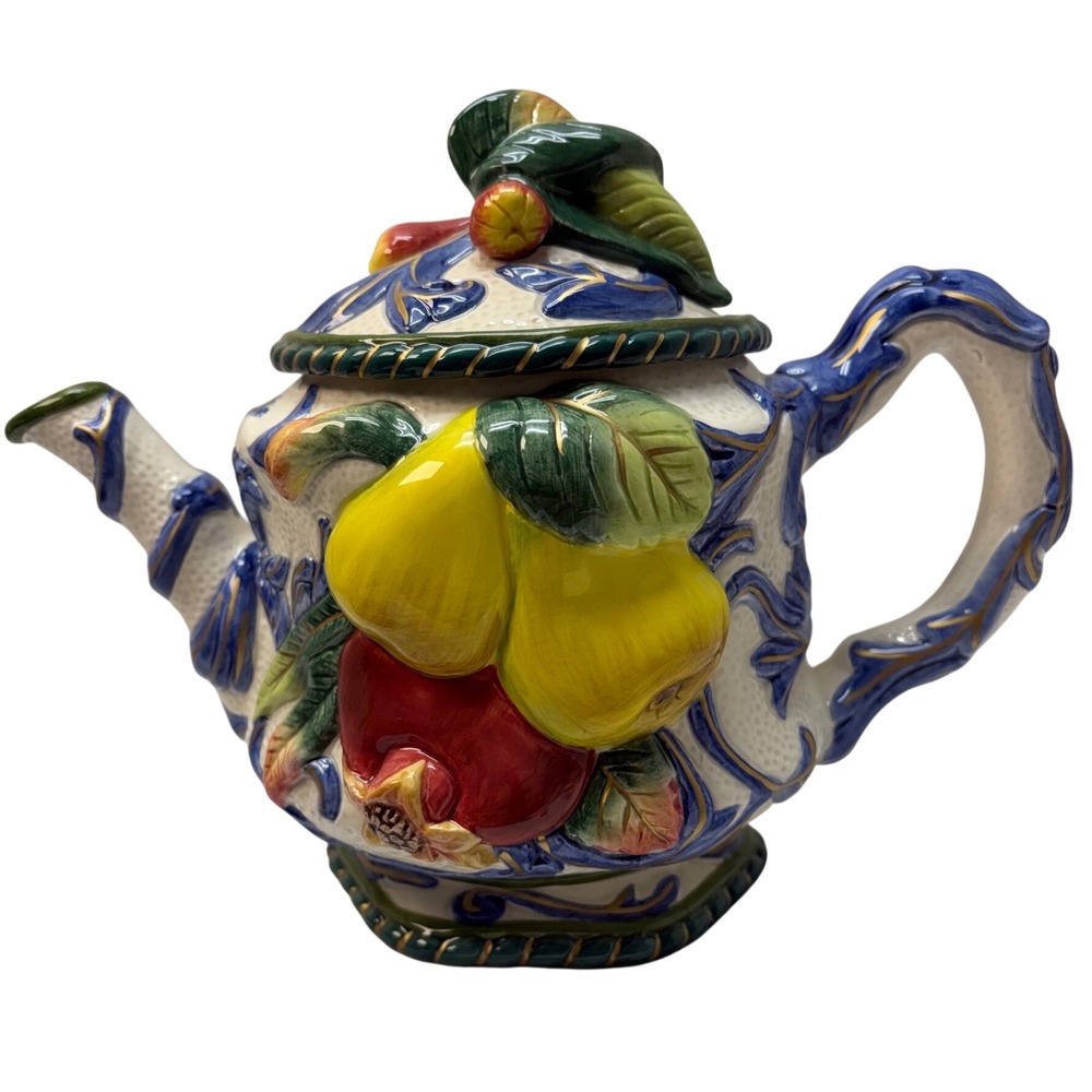 Fitz and Floyd Classics Fruit Ceramic Teapot Pears Pomegranate Blue Gold 7in